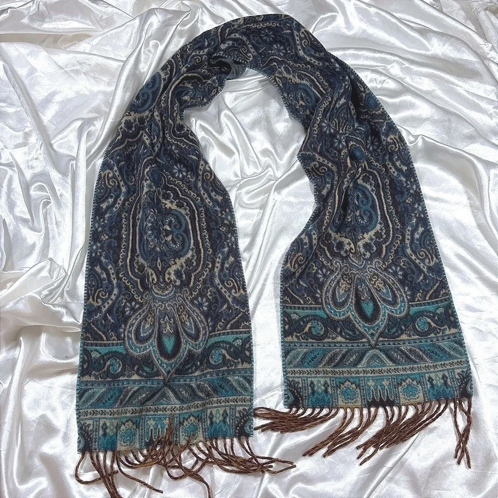 Vintage V. Fraas Paisley Scarf Blue Acrylic Fringe Made in Germany